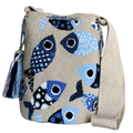 Handmade Wayuu Fish Bag – Beige & Blue Mochila Crossbody, Ocean-Inspired Artisan Bag