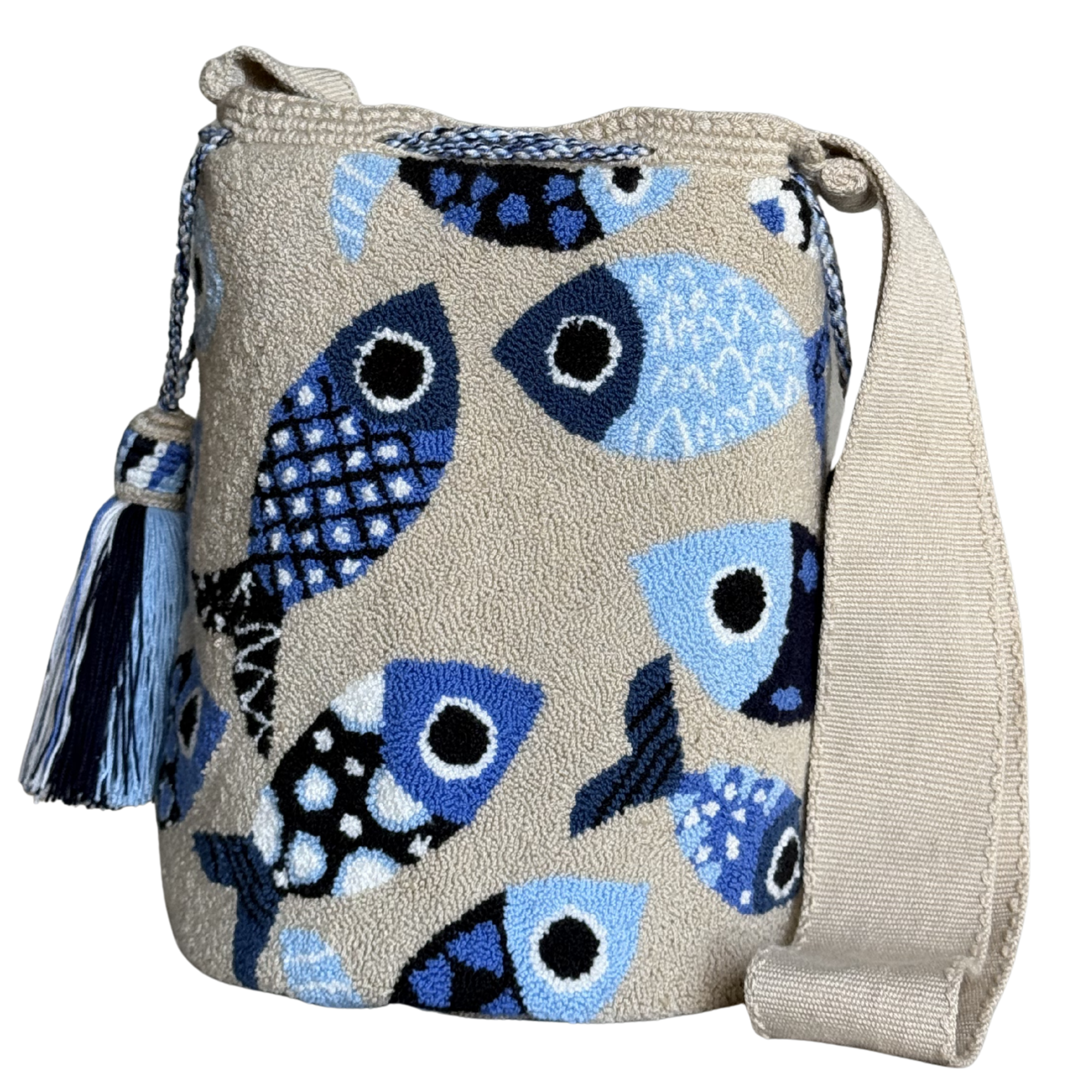 Handmade Wayuu Fish Bag – Beige & Blue Mochila Crossbody, Ocean-Inspired Artisan Bag