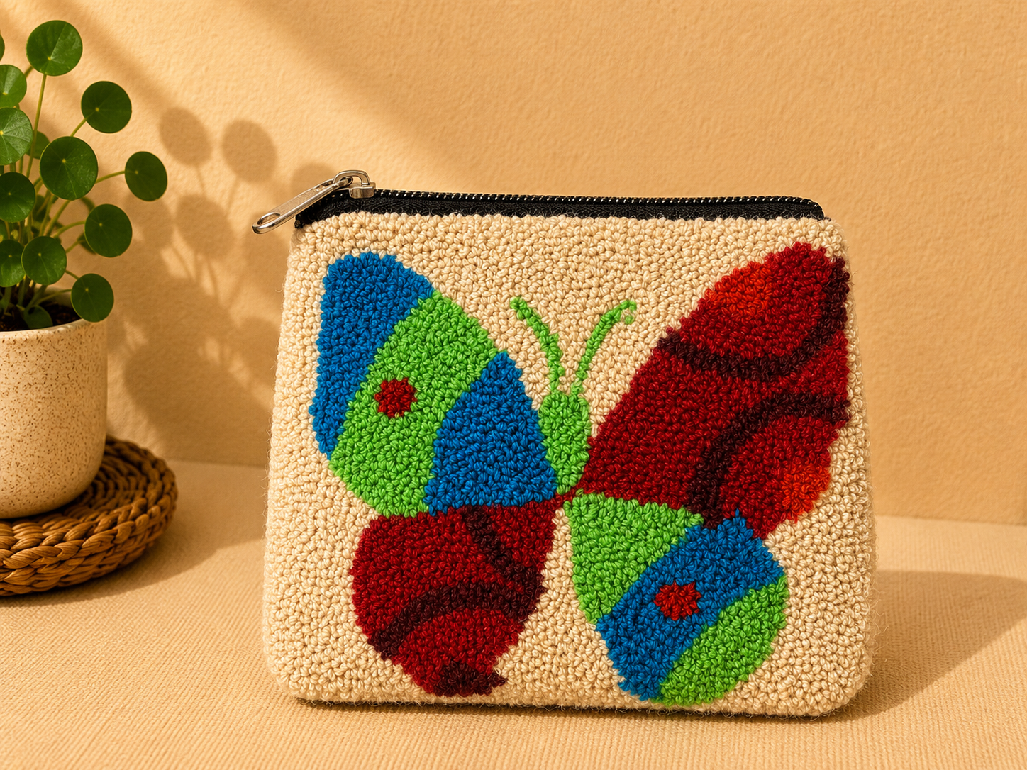 Handmade Butterfly Embroidered Zip Pouch | Botanical Stories Collection | Artisan Cosmetic & Accessory Bag