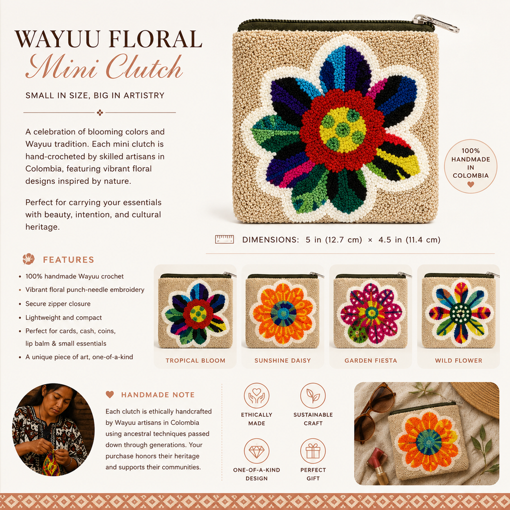 Handmade Wayuu Floral Mini Pouch – Artisan Crochet Zipper Wallet