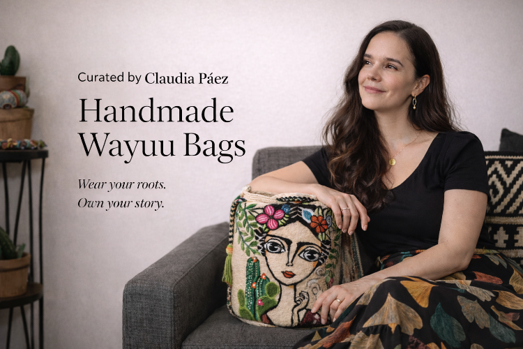 Woman sitting on a couch with a Wayuu bag, surrounded by text about handmade Wayuu bags.