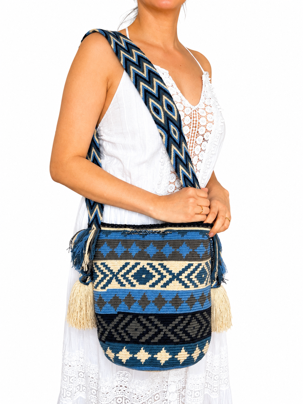 Handmade Wayuu Crossbody Bag – Geometric Crochet Bucket Bag, Colombian Artisan Shoulder Purse