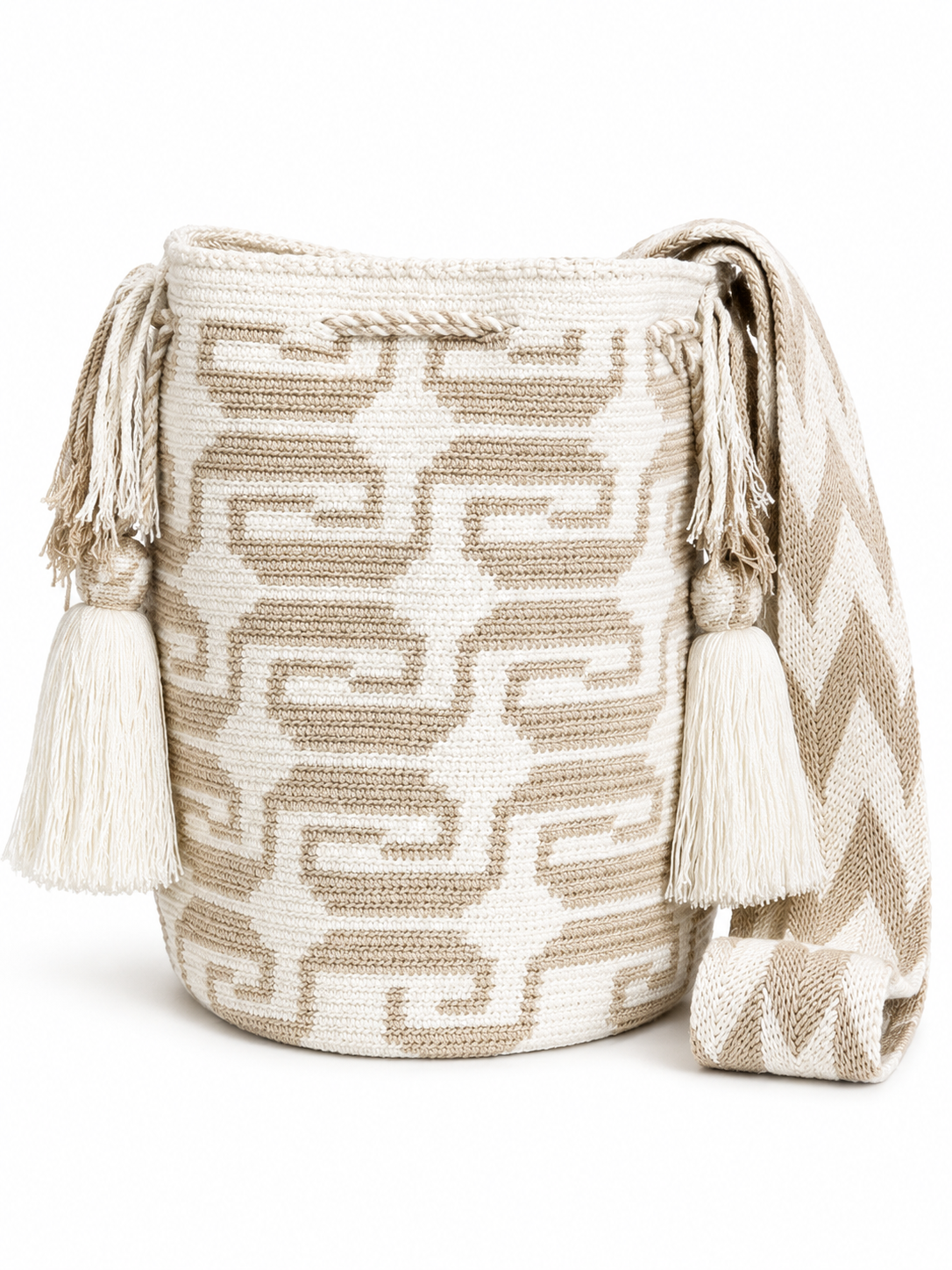 Handmade Wayuu Crossbody Bag – Black & Neutral Geometric Patterns, Artisan Crochet Bucket Bag