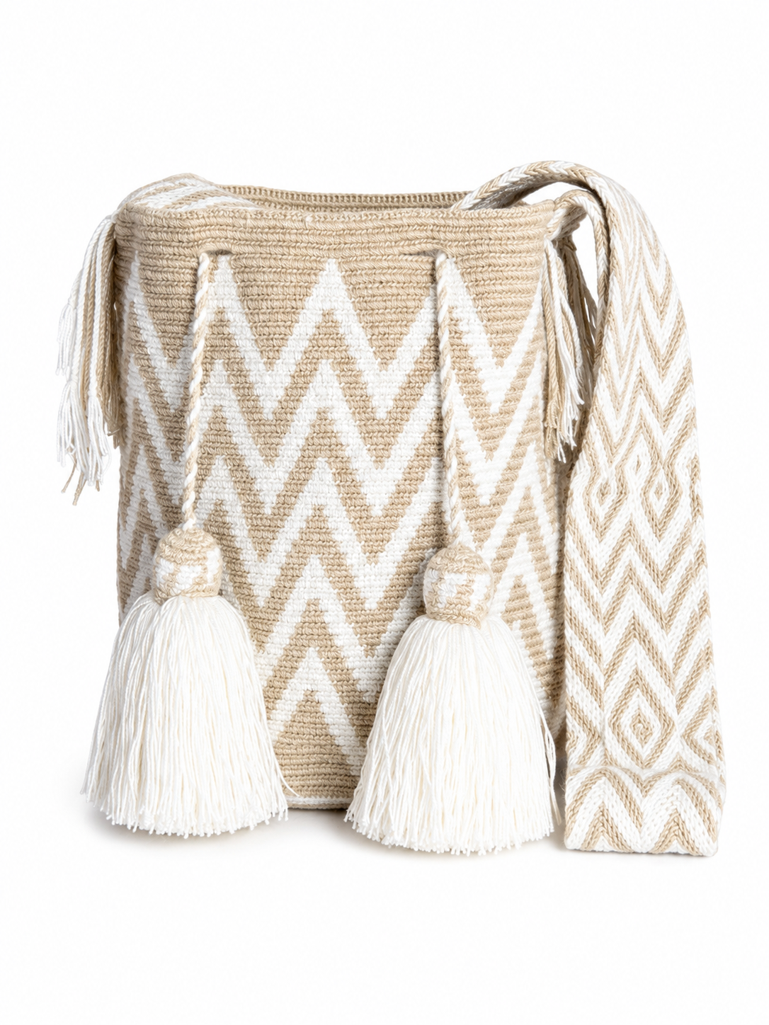 Handmade Wayuu Crossbody Bag – Black & Neutral Geometric Patterns, Artisan Crochet Bucket Bag