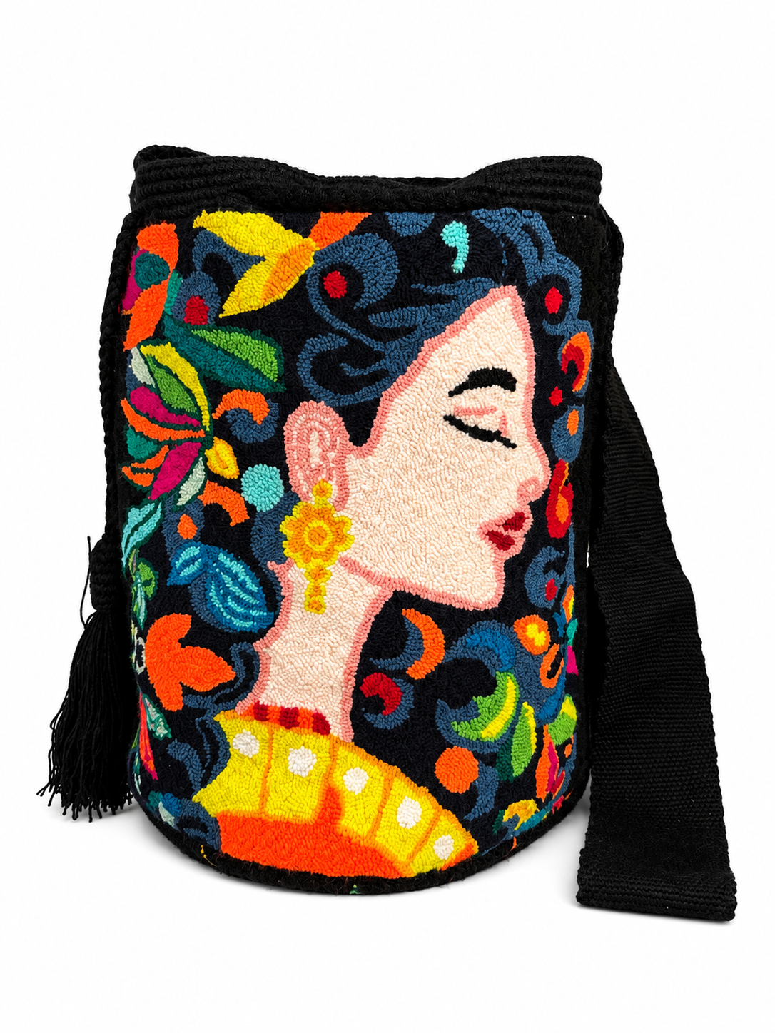 Midnight Garden Wayuu Mochila – Handcrafted Floral Portrait Bucket Ba