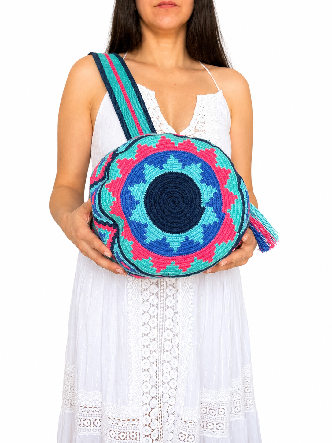 Handmade Wayuu Crossbody Bag – Geometric Crochet Bucket Bag, Colombian Artisan Shoulder Purse