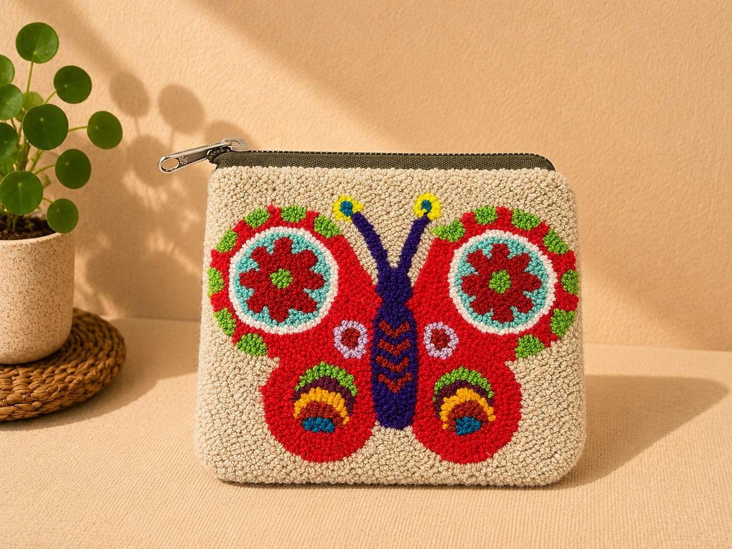 Handmade Butterfly Embroidered Zip Pouch | Botanical Stories Collection | Artisan Cosmetic & Accessory Bag