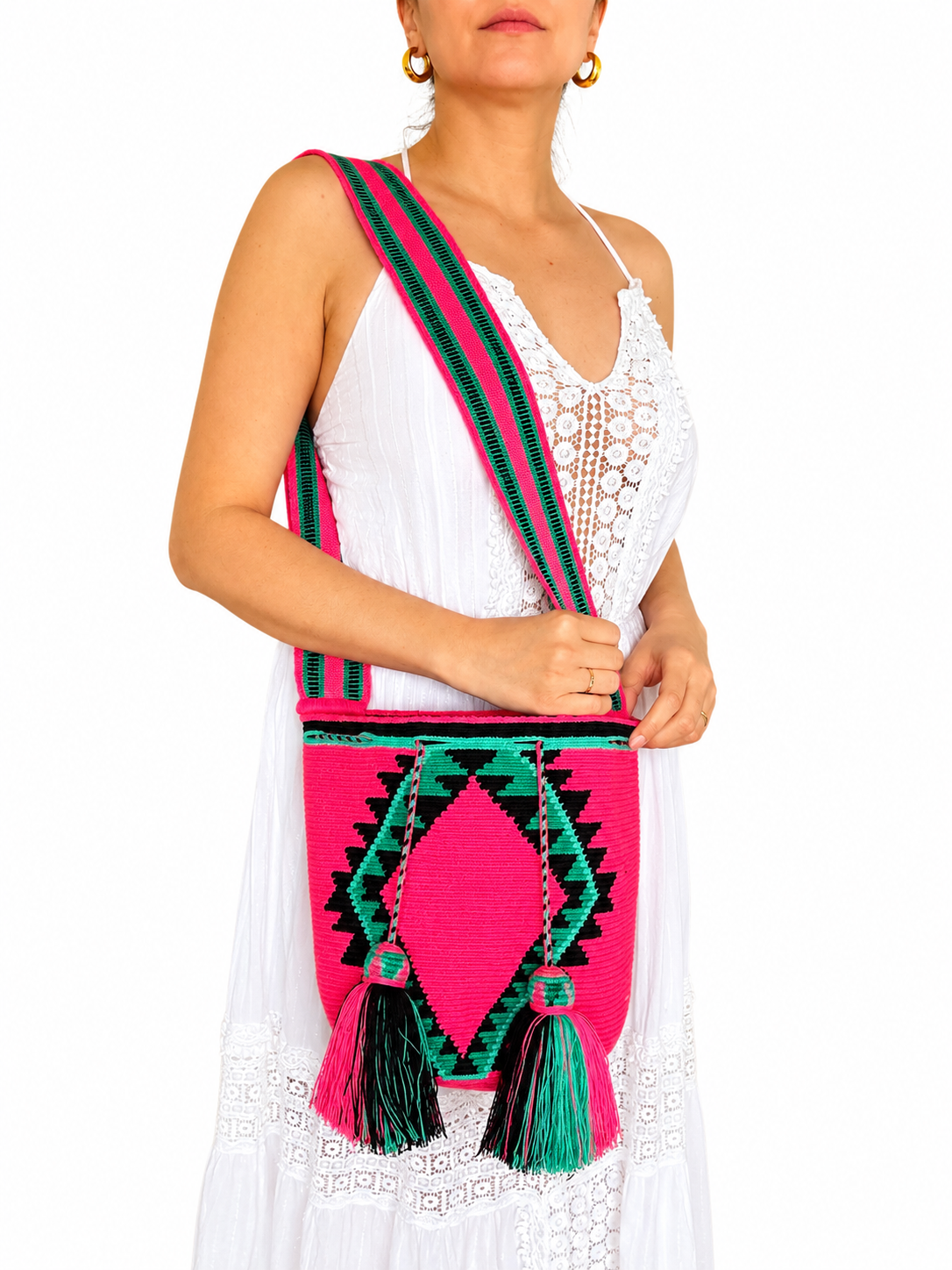 Handmade Wayuu Crossbody Bag – Geometric Crochet Bucket Bag, Colombian Artisan Shoulder Purse