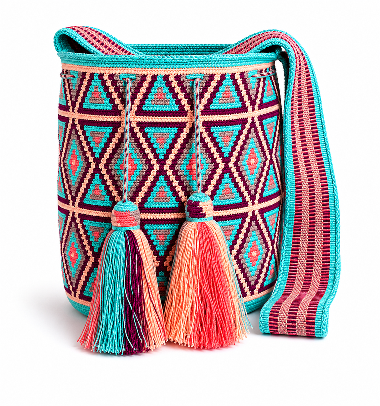 Handmade Wayuu Crossbody Bag – Geometric Crochet Bucket Bag, Colombian Artisan Shoulder Purse