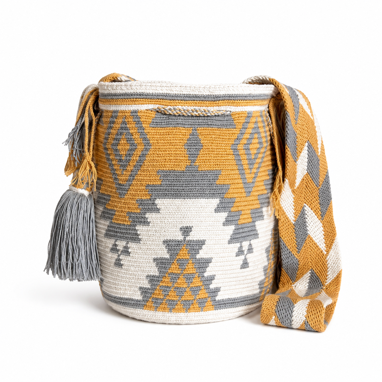 Handmade Wayuu Crossbody Bag – Black & Neutral Geometric Patterns, Artisan Crochet Bucket Bag
