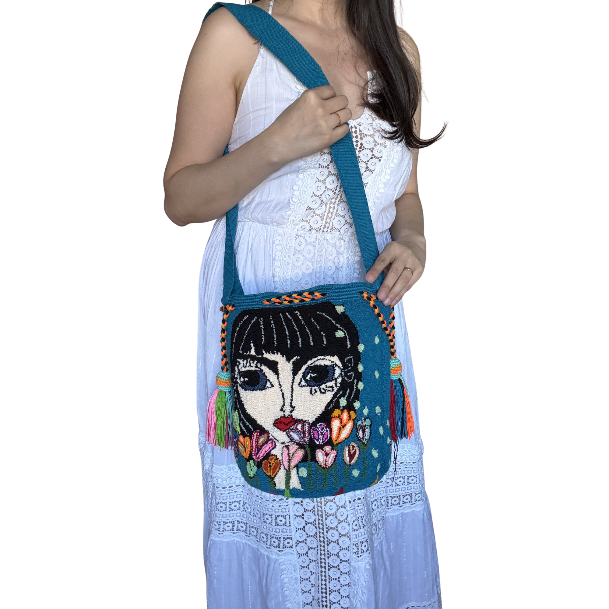 Wayuu Bag Handmade Teal – Boho Mochila Crossbody, Artisan Woven Bag