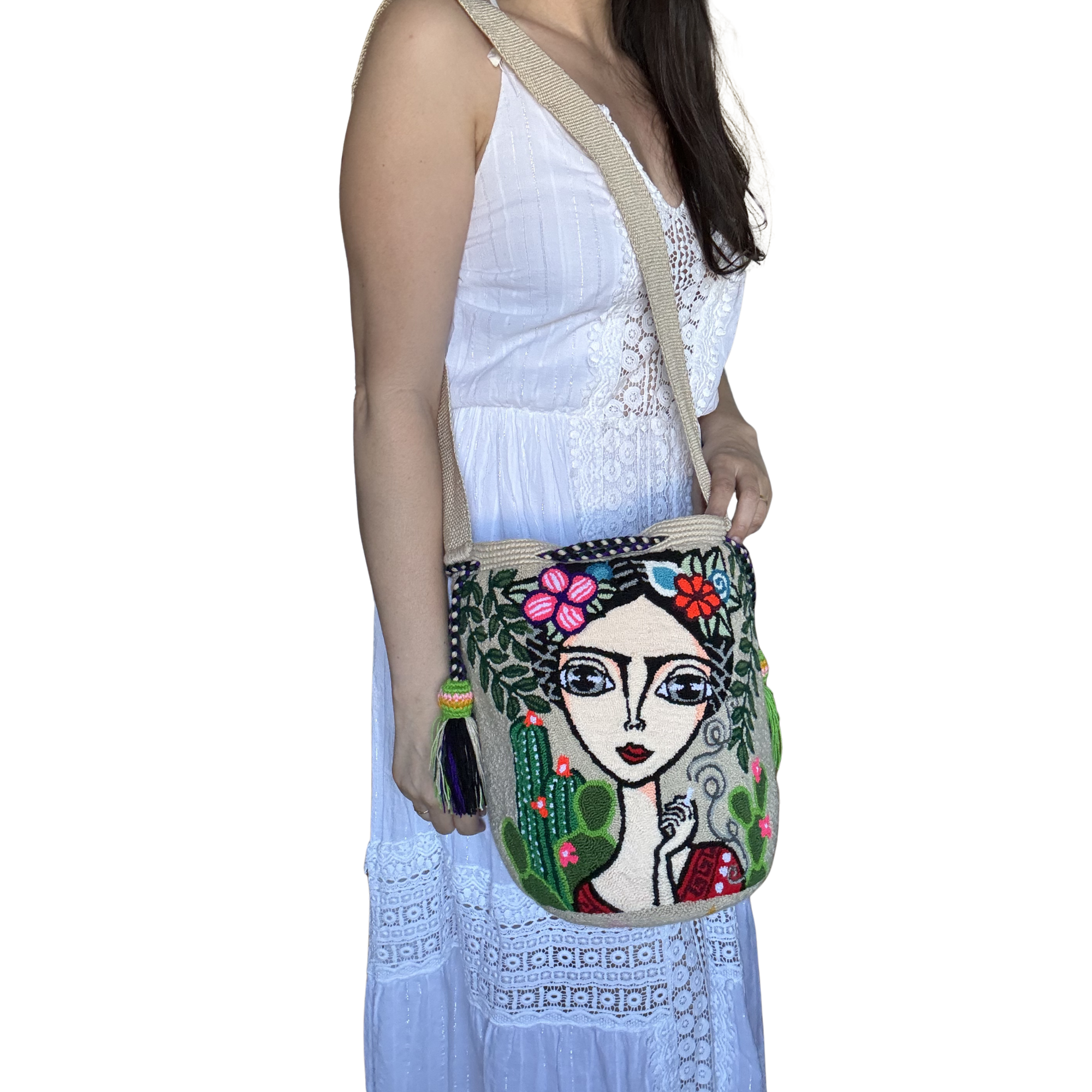Handmade Wayuu Crossbody Bag – Desert Floral Portrait, Artisan Boho Shoulder Bag