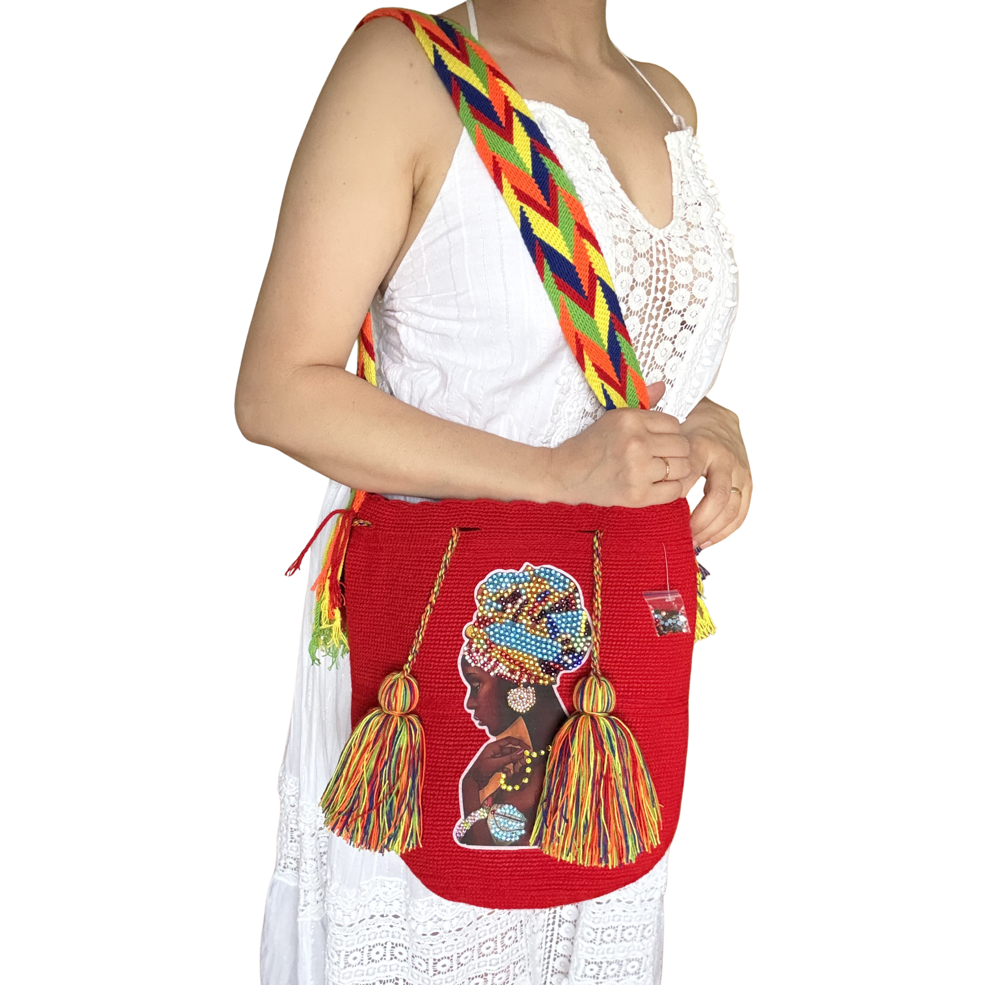Handmade Crochet Girl Portrait Bag with Stonefix – Black Artisan Crossbody Mochila