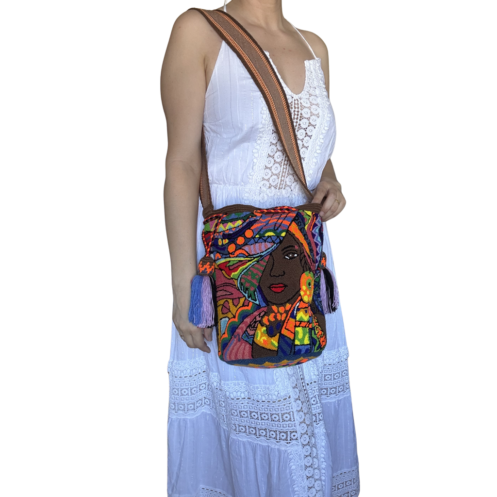 Handmade Wayuu Crossbody Bag – Colorful Indigenous Woman Portrait, Bold Artisan Shoulder Bag