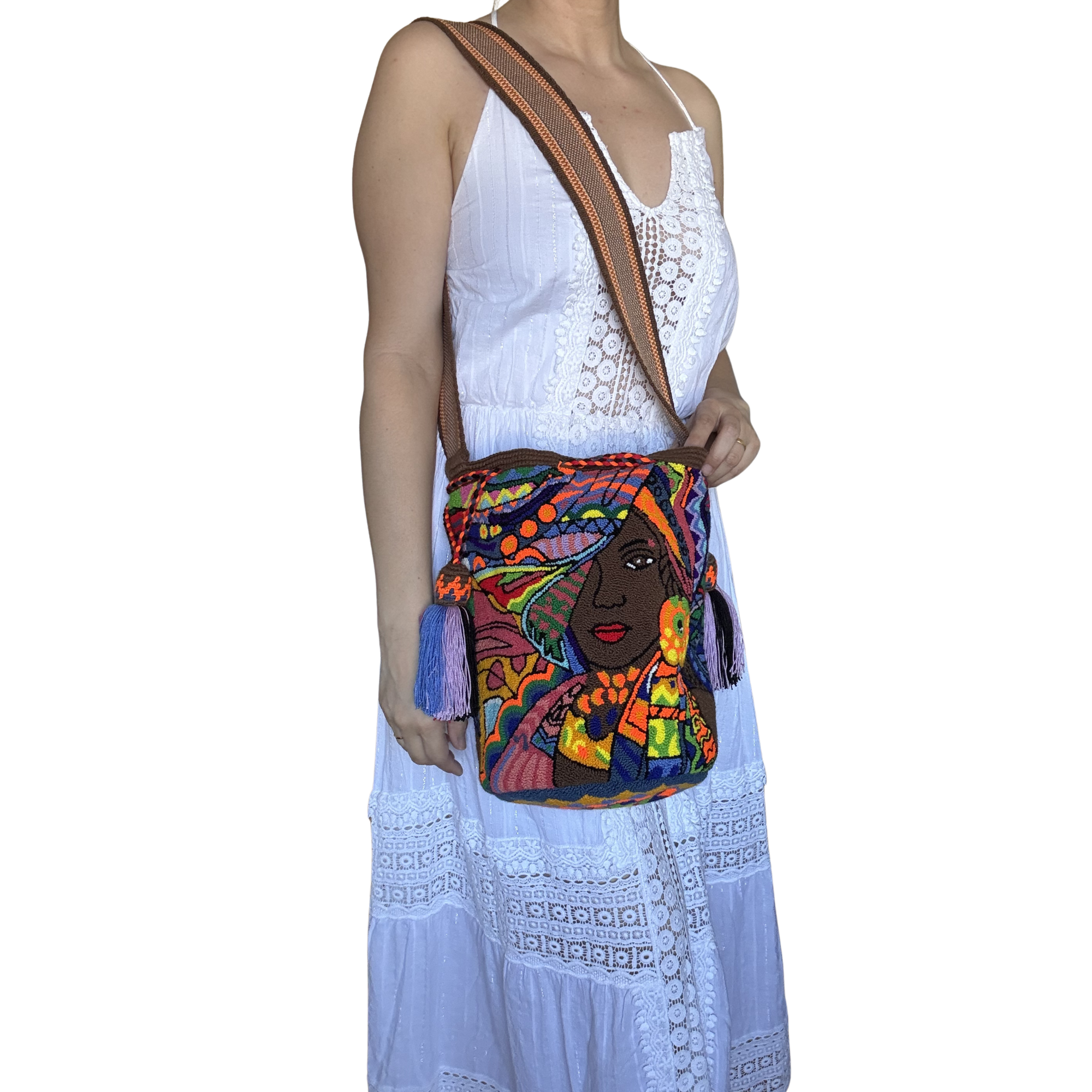 Handmade Wayuu Crossbody Bag – Colorful Indigenous Woman Portrait, Bold Artisan Shoulder Bag