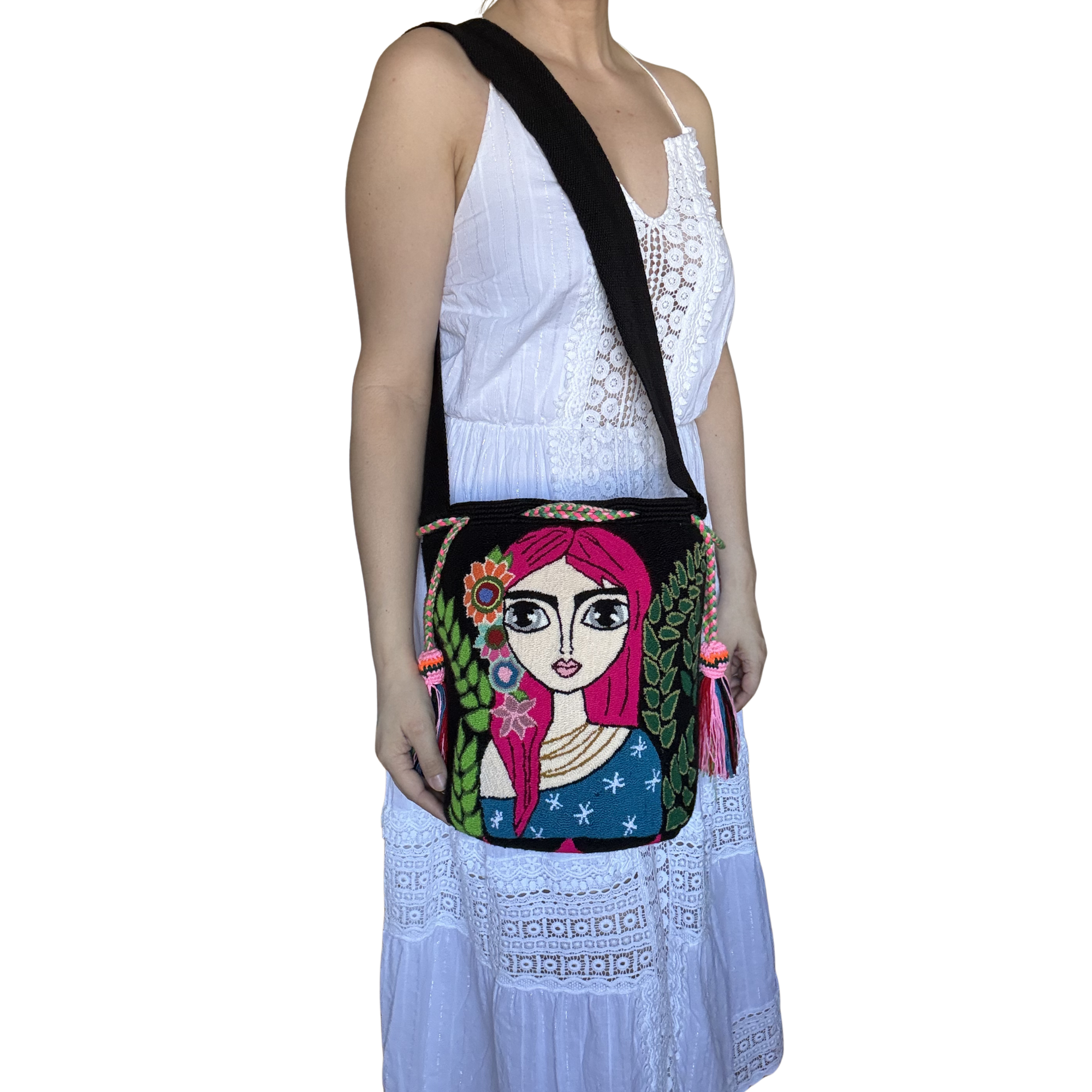 Handmade Wayuu Crossbody Bag – Pink Hair Woman Portrait, Floral Artisan Shoulder Bag