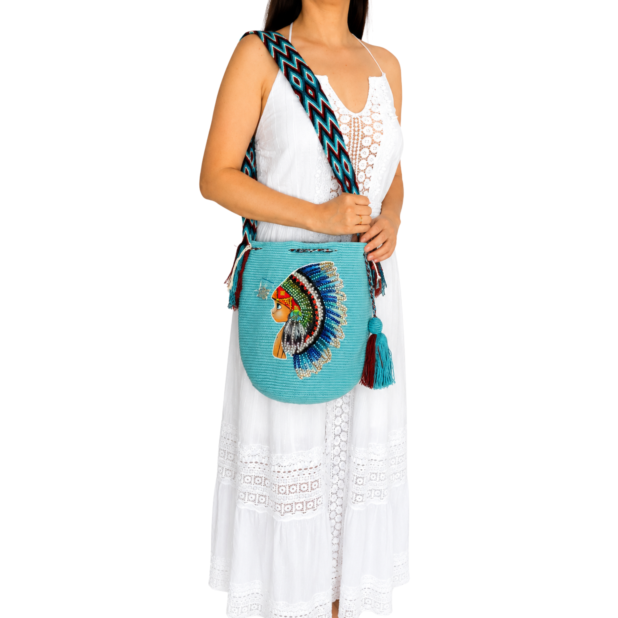 Handmade Crochet Native Spirit Bag with Stonefix – Turquoise Artisan Crossbody Mochila