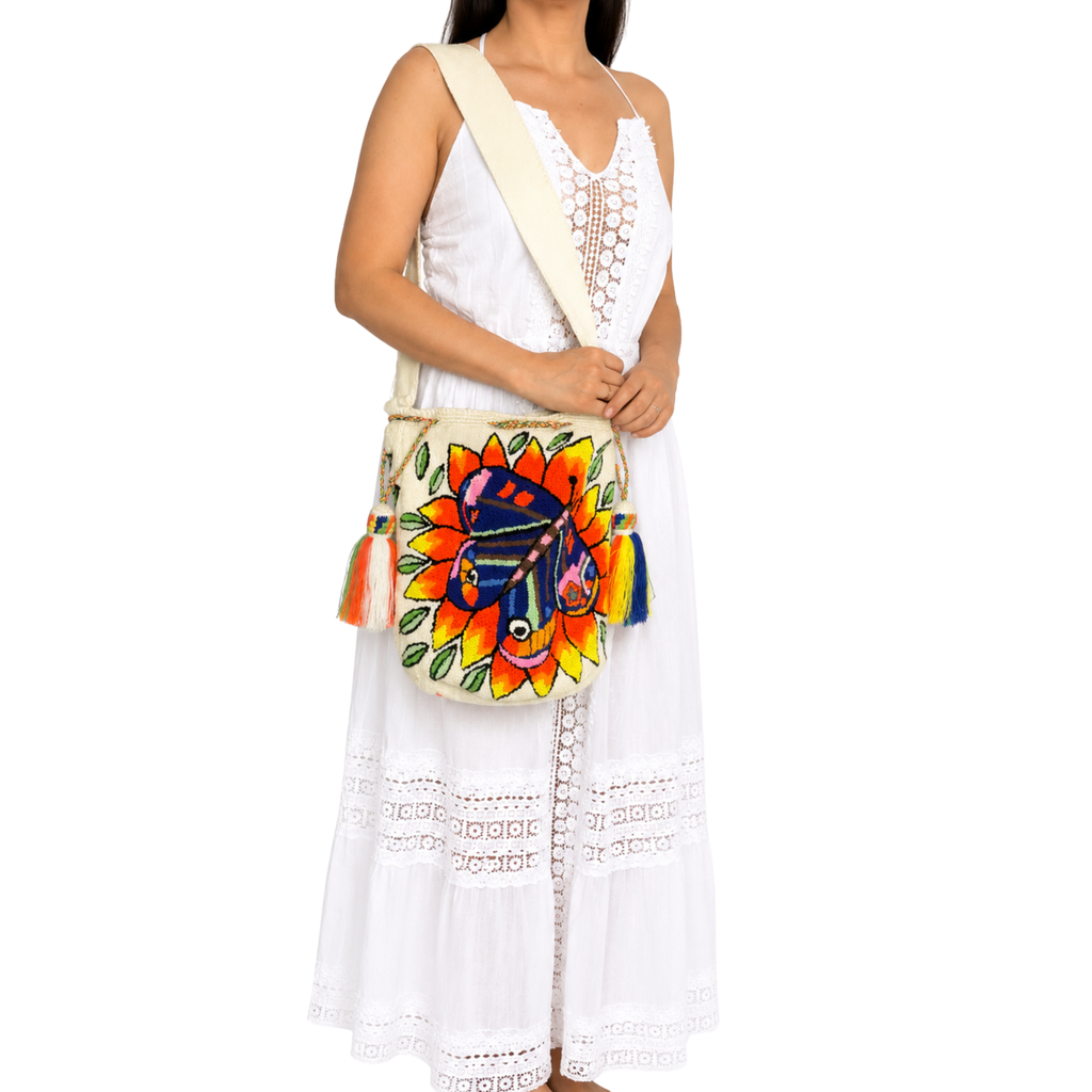 Handmade Butterfly Sunflower Wayuu Crossbody Bag – Colorful Artisan Mochila Purse