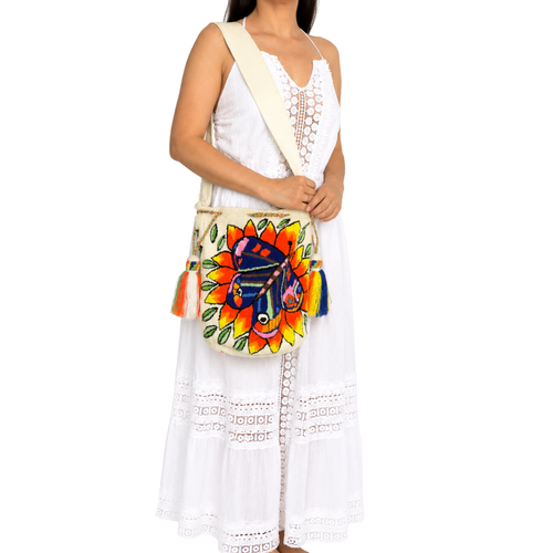 Handmade Butterfly Sunflower Wayuu Crossbody Bag – Colorful Artisan Mochila Purse