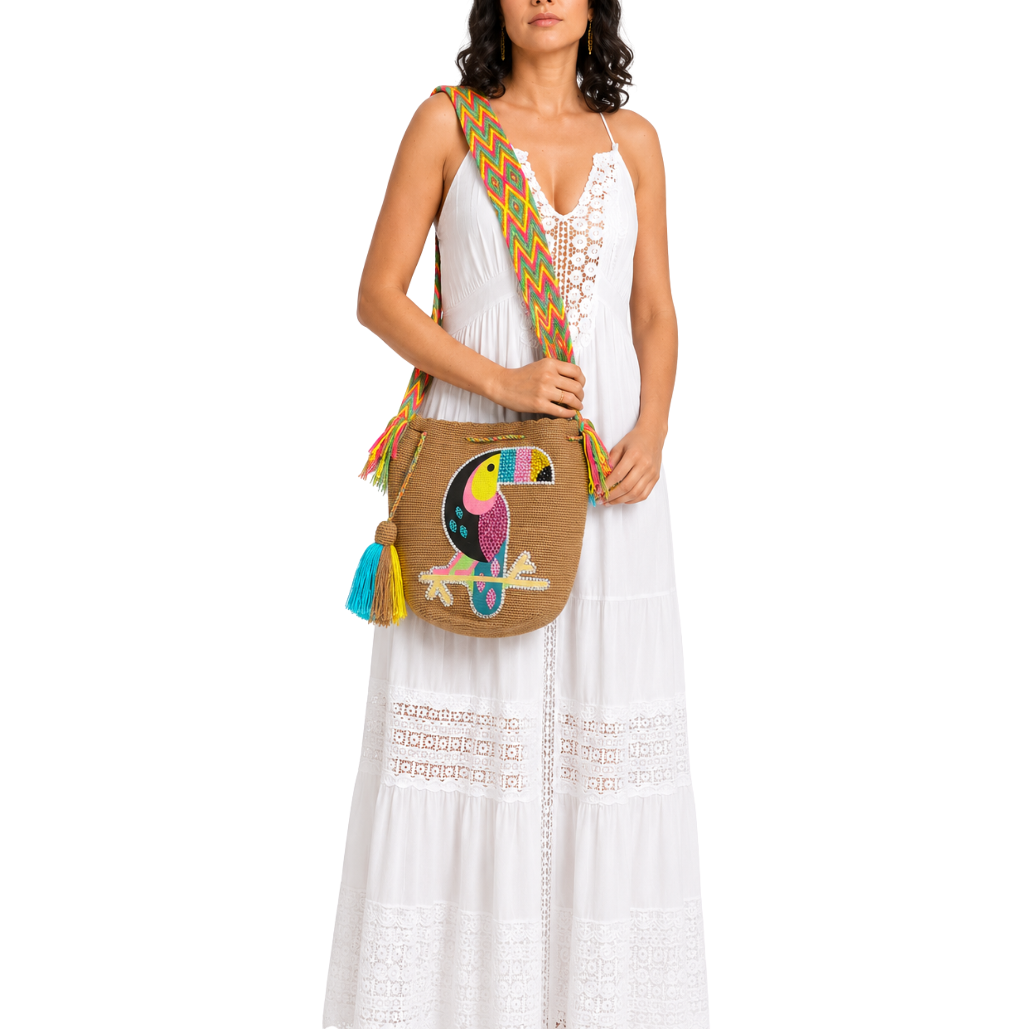 Handmade Crochet Toucan Bag with Stonefix – Camel Artisan Crossbody Mochila