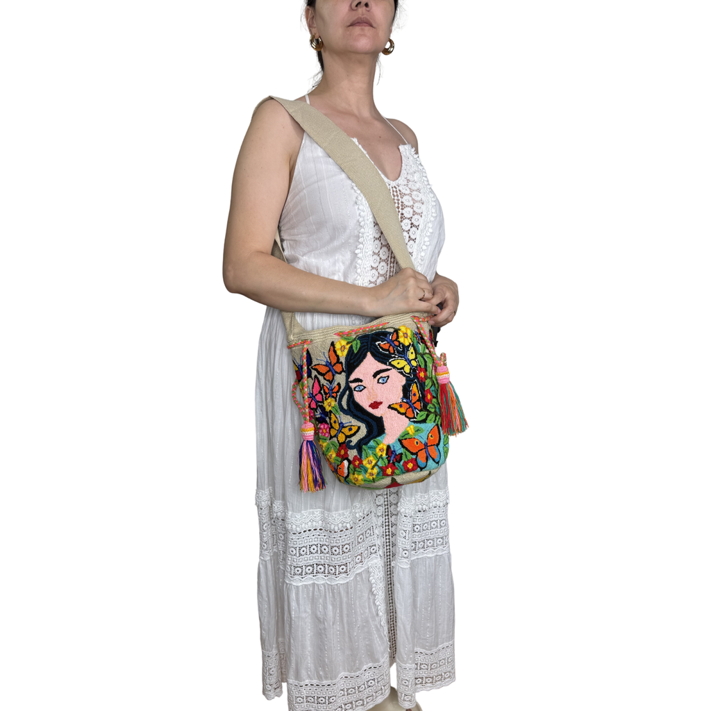 Butterfly Muse Handmade Wayuu Mochila Bag – Artisan Floral Portrait Crossbody Purse