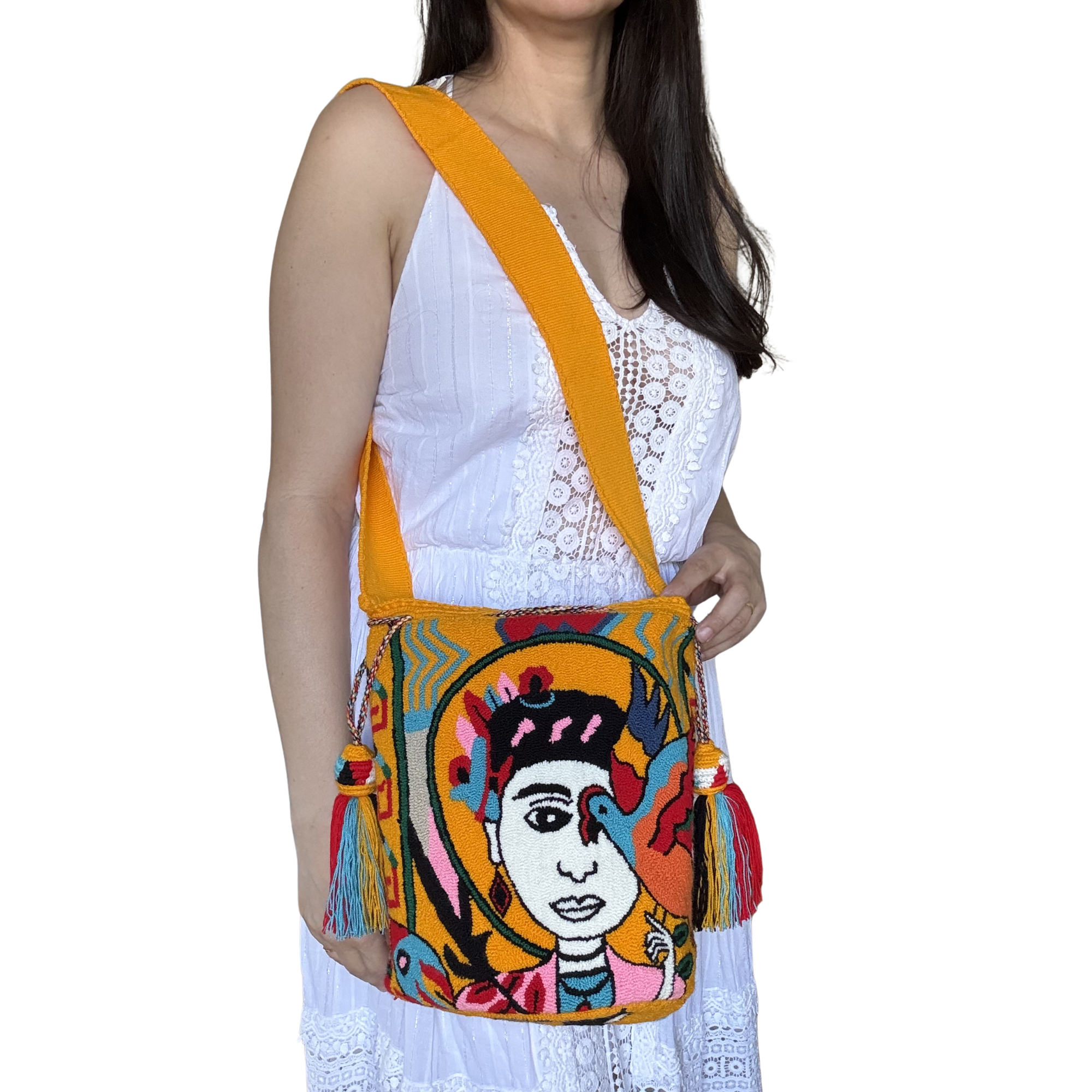 Handmade Wayuu Frida-Inspired Face Bag – Yellow Mochila Crossbody, Artistic Portrait Design