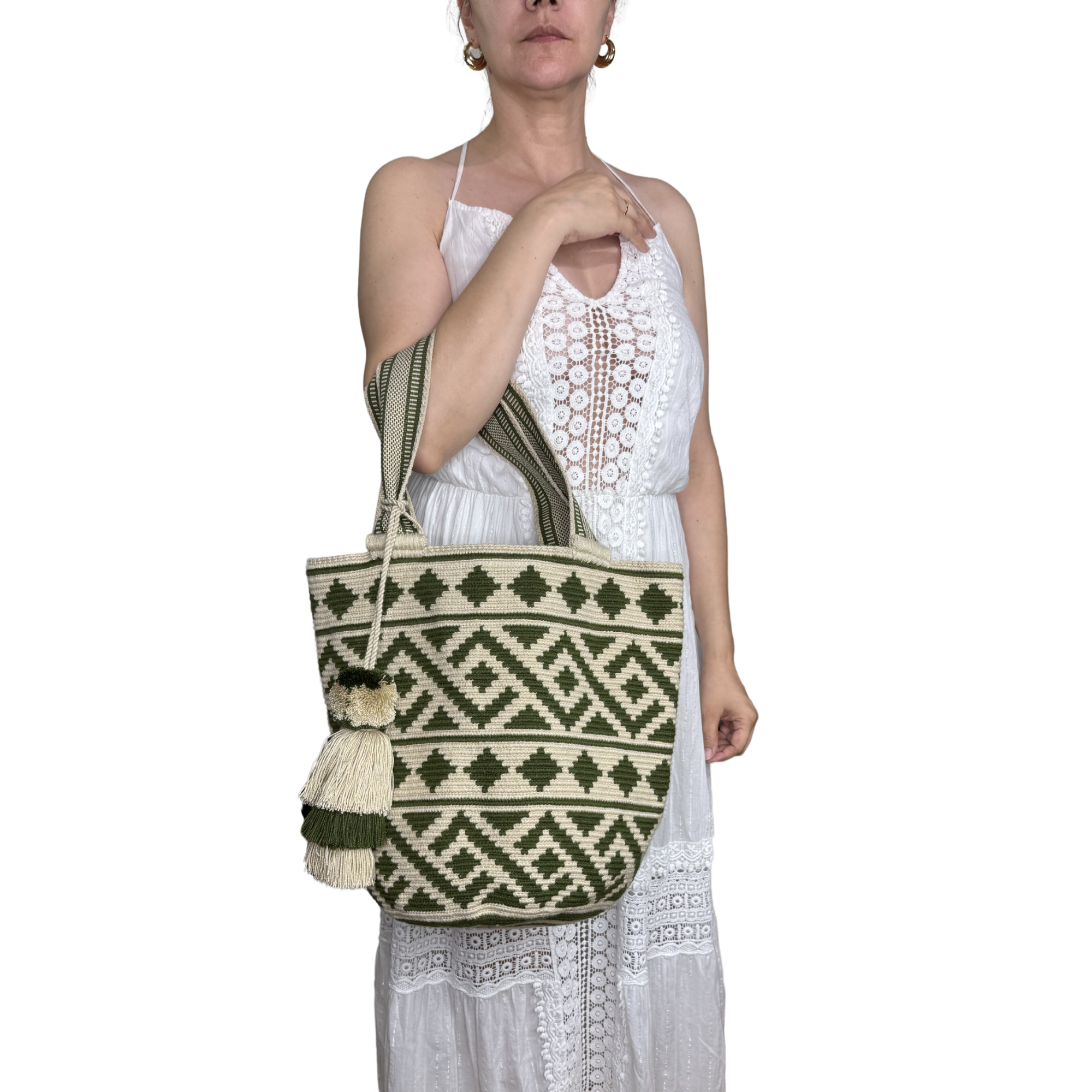 Handmade Wayuu Mochilón Tote – Geometric Earth Tone Crochet Shoulder Bag