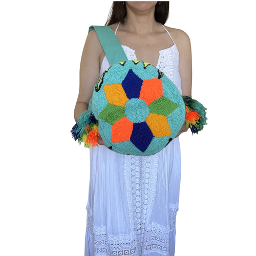 Handmade Butterfly Bloom Wayuu Bag – Turquoise Artisan Crochet Crossbody Mochila with Floral Butterfly Design