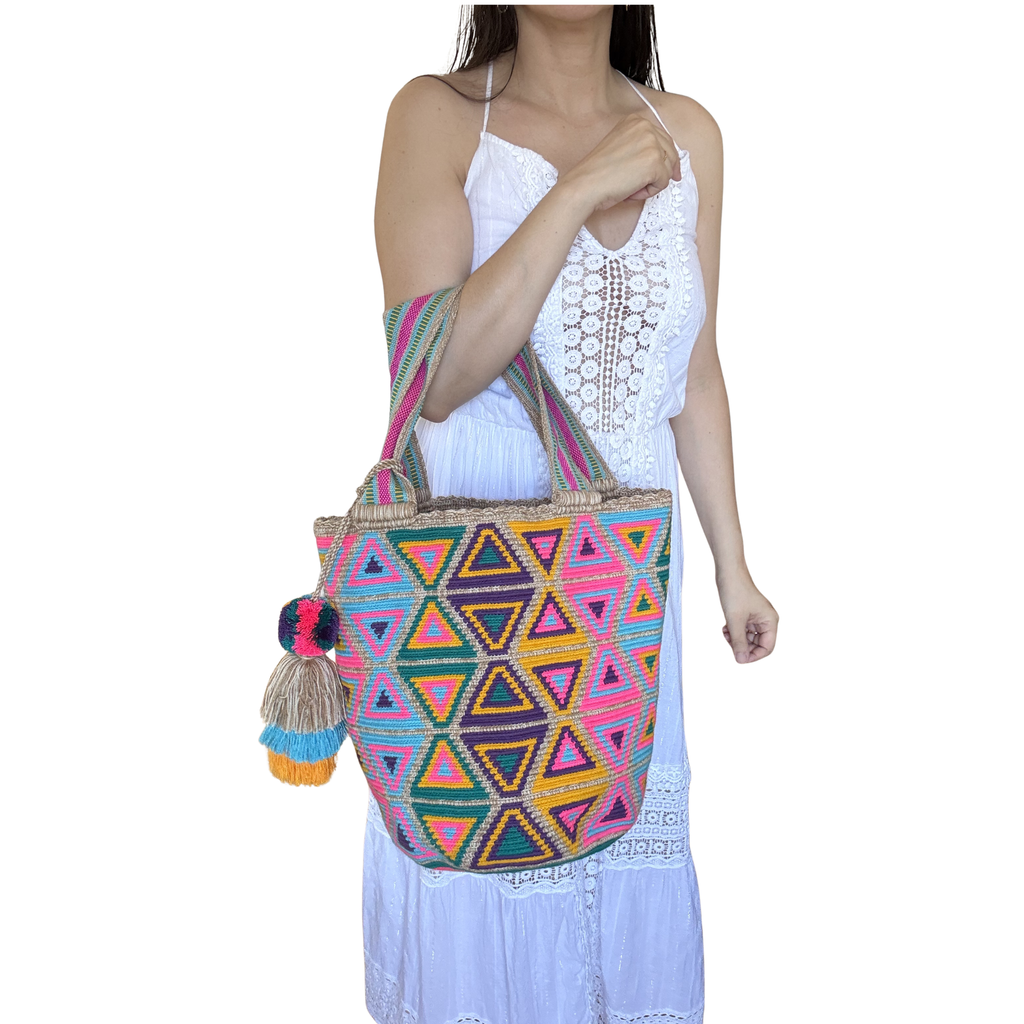 Handmade Wayuu Mochilón Tote – Geometric Earth Tone Crochet Shoulder Bag