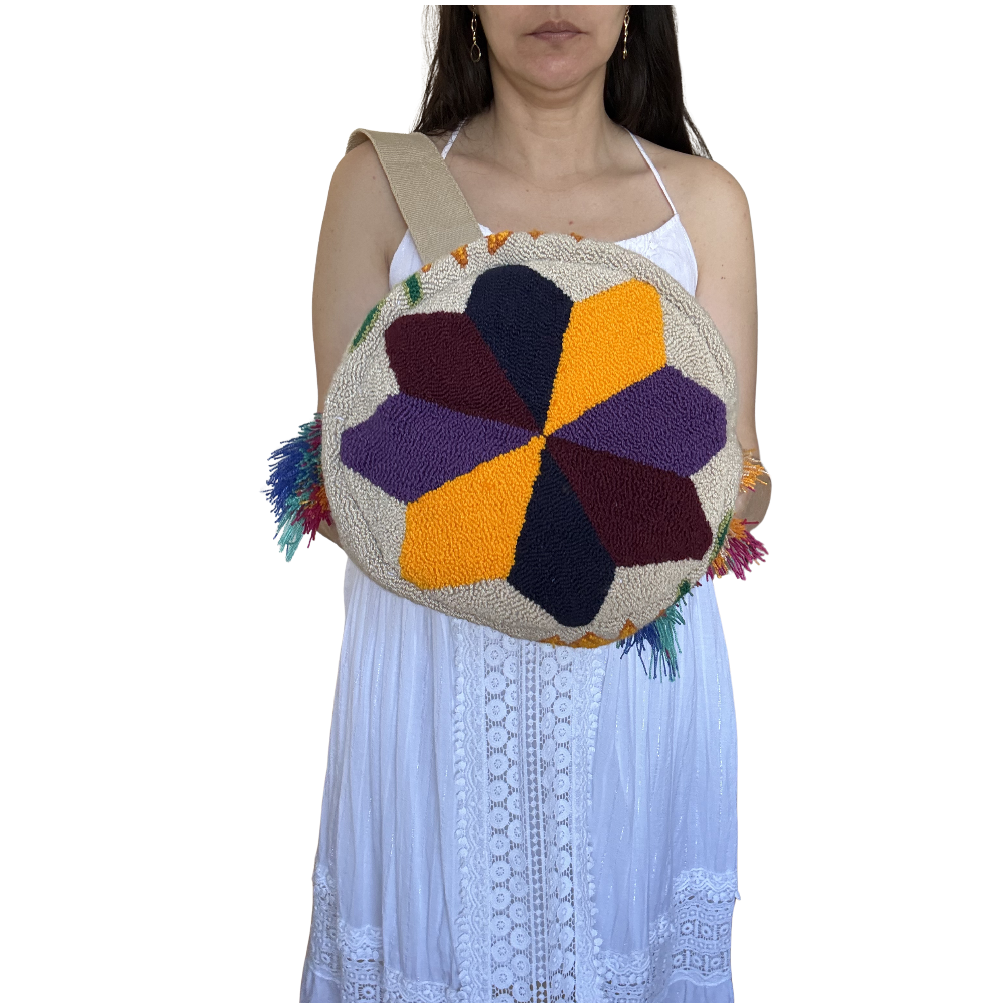 Handmade Butterfly Sunflower Wayuu Bag – Beige Artisan Crochet Crossbody Mochila