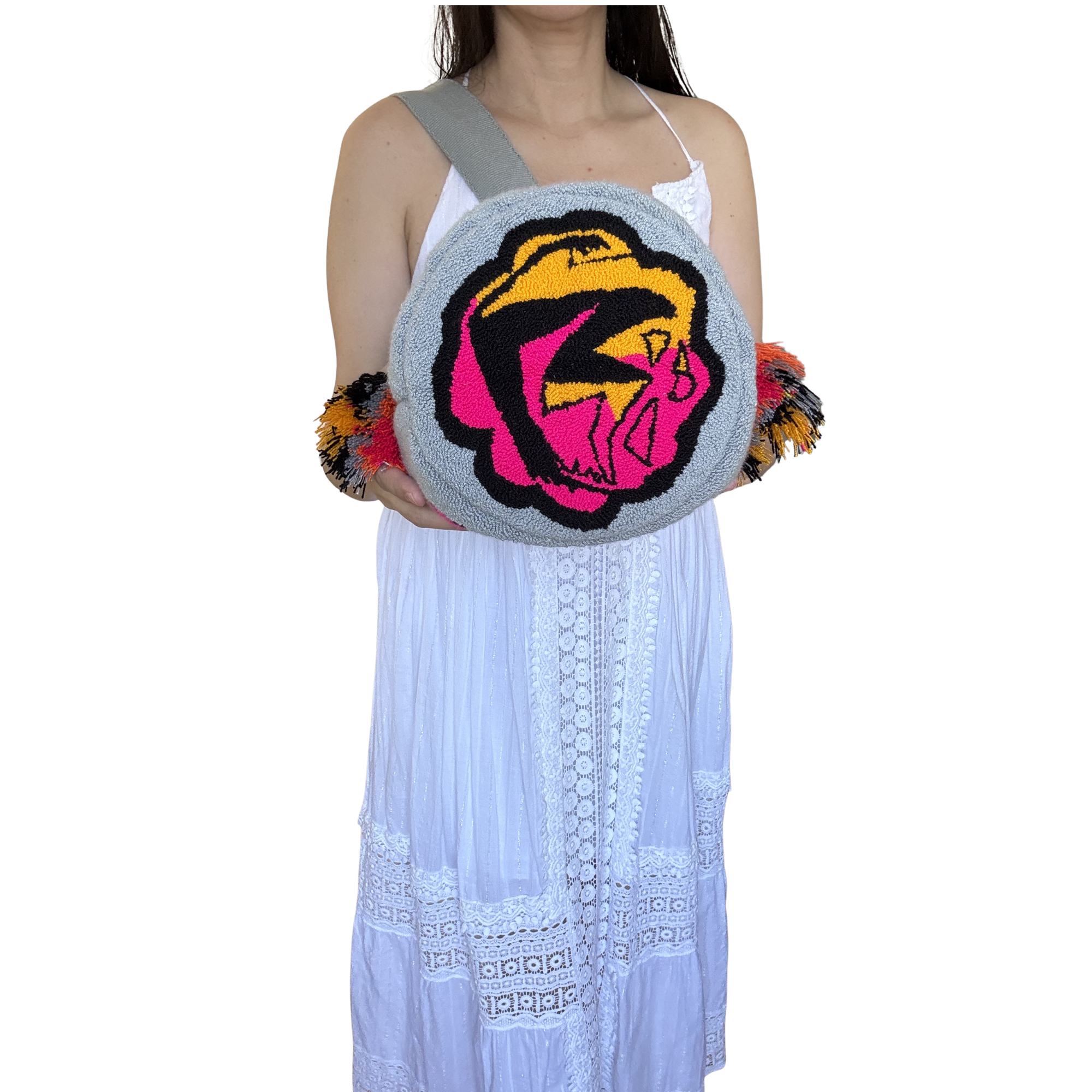 Handmade Rose Wayuu Bucket Bag – Artisan Floral Crochet Crossbody Purse in Gray & Fuchsia