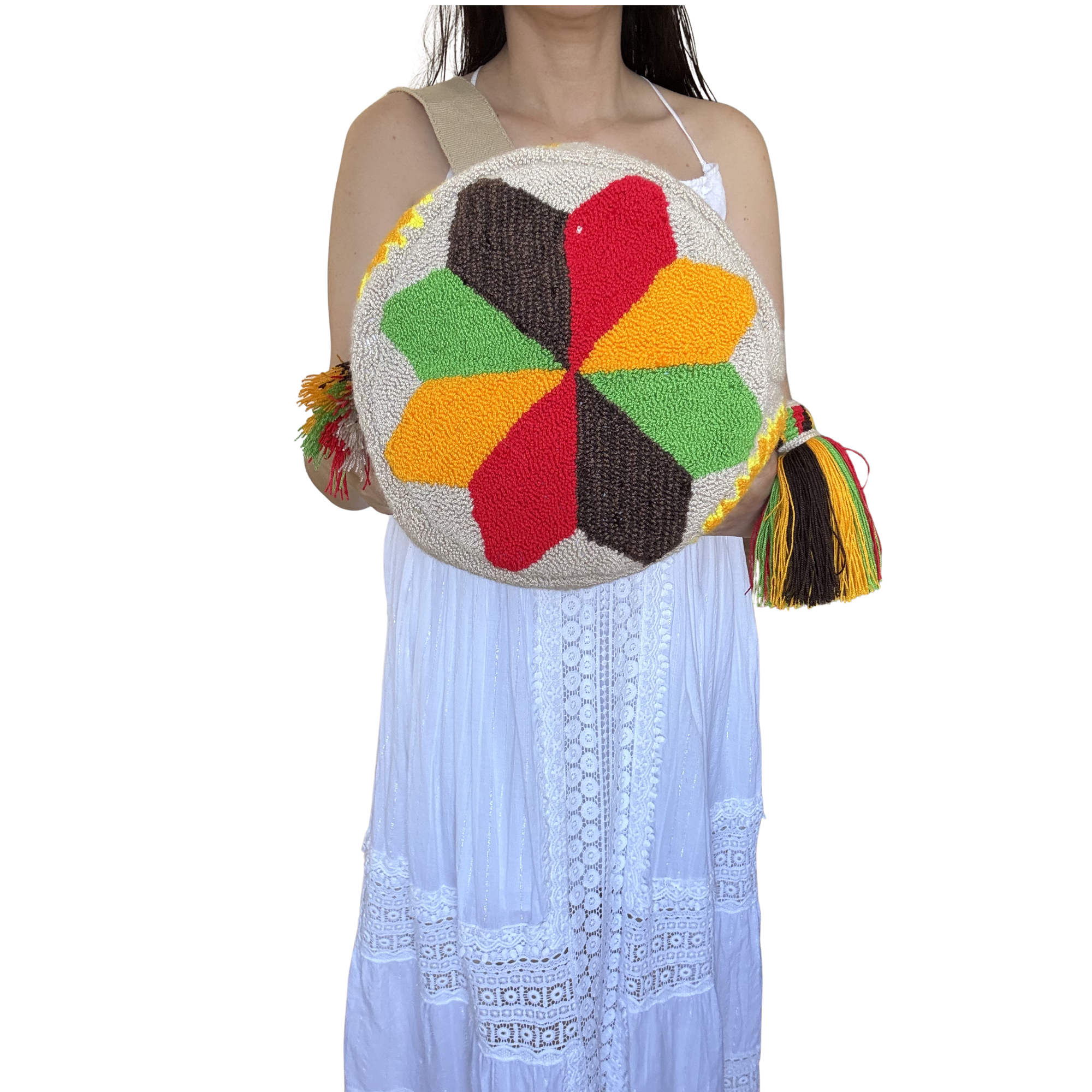 Handmade Sunflower & Butterfly Wayuu Bucket Bag – Artisan Floral Crochet Crossbody Purse