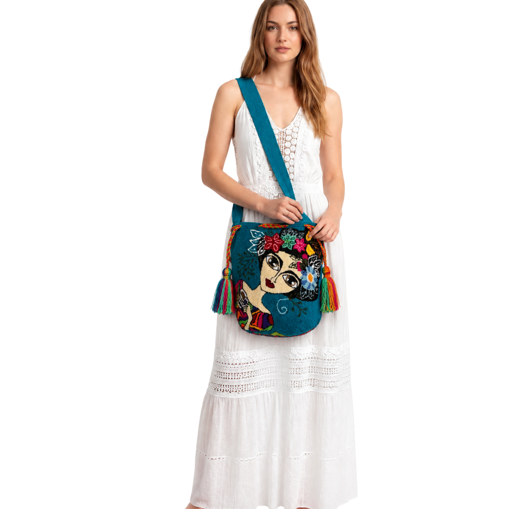 Handmade Frida-Inspired Wayuu Crossbody Bag – Artistic Blue Crochet Mochila with Floral Portrait