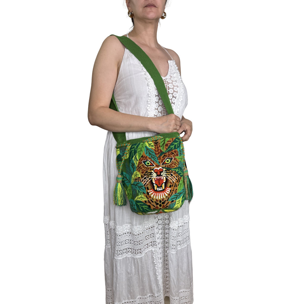 Jaguar Spirit Handmade Wayuu Mochila Bag – Jungle Embroidered Crossbody Purse