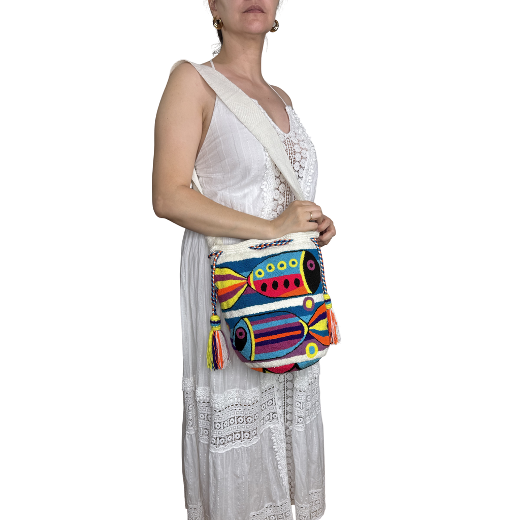 Tropical Reef Fish Handmade Wayuu Mochila Bag – Ocean-Inspired Artisan Crossbody Purse