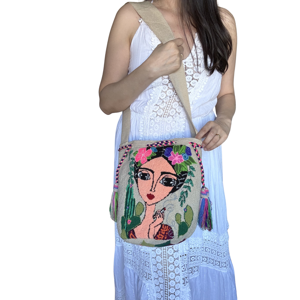 Handmade Wayuu Crossbody Bag – Floral Crown Portrait, Boho Artisan Shoulder Bag