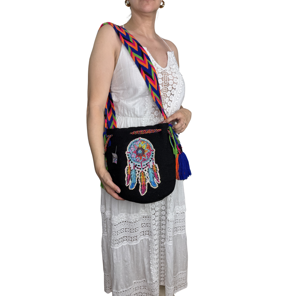 Beaded Dreamcatcher Wayuu Crossbody Bag – Handmade Crochet Bucket Purse