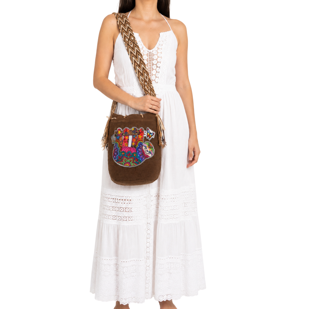 Handmade Crochet Sloth bear Crossbody Bag with Stonefix – Brown Artisan Mochila Bag
