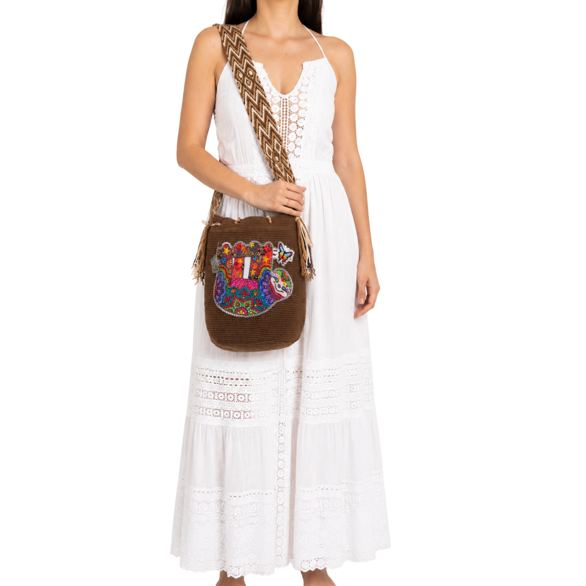 Handmade Crochet Sloth bear Crossbody Bag with Stonefix – Brown Artisan Mochila Bag