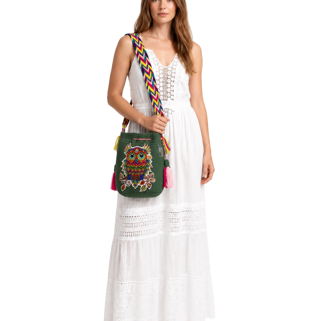 Handmade Crochet Wayuu Owl Bag with Stonefix – Green Artisan Crossbody Mochila