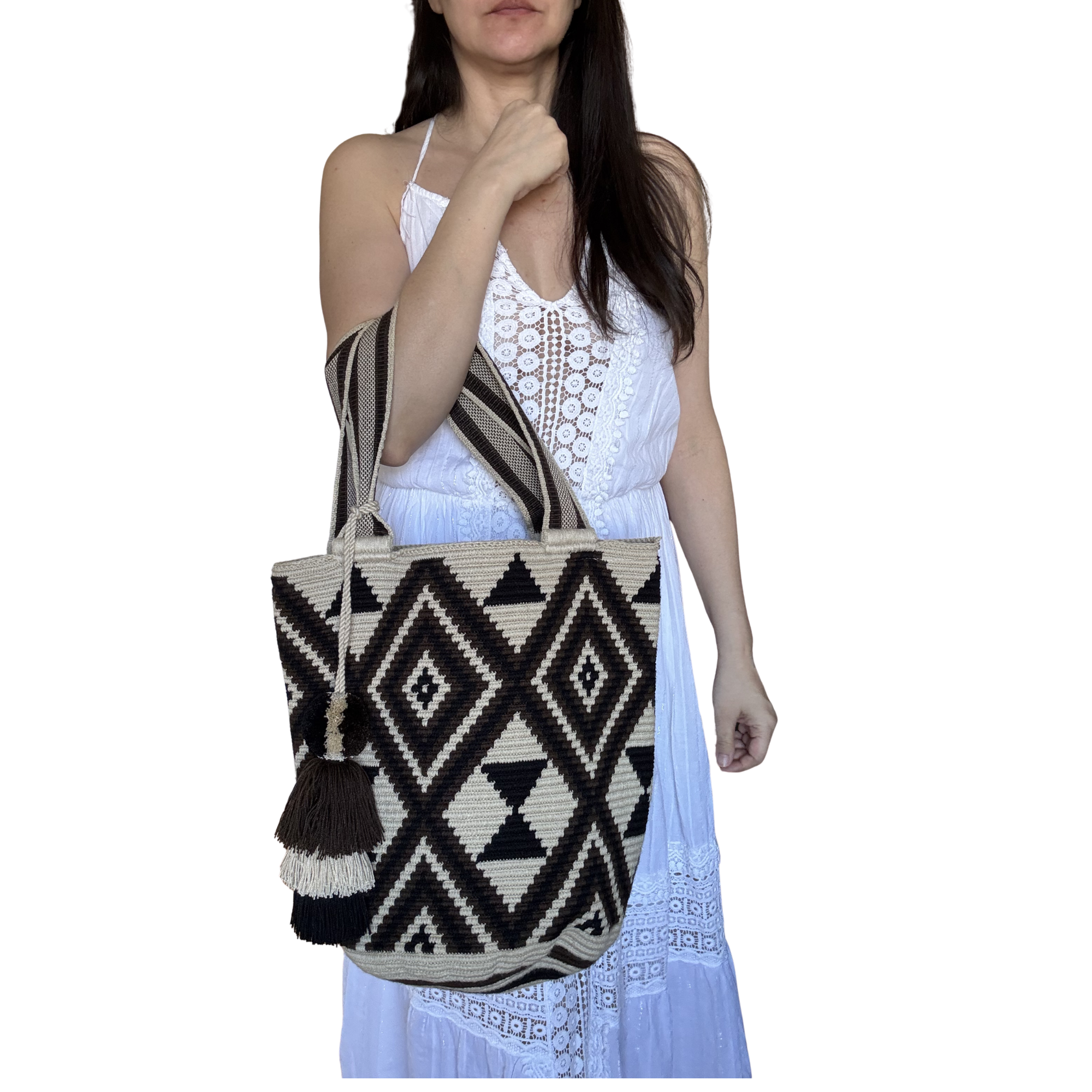 Handmade Wayuu Mochilón Bag – Large Black & White Geometric Tote, Artisan Shoulder Bag