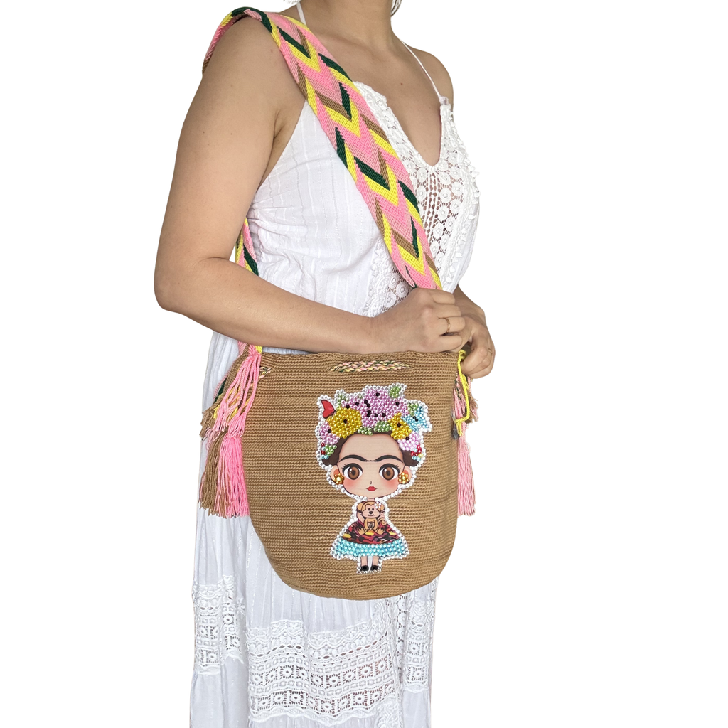 Handmade Crochet Girl Portrait Bag with Stonefix – Black Artisan Crossbody Mochila