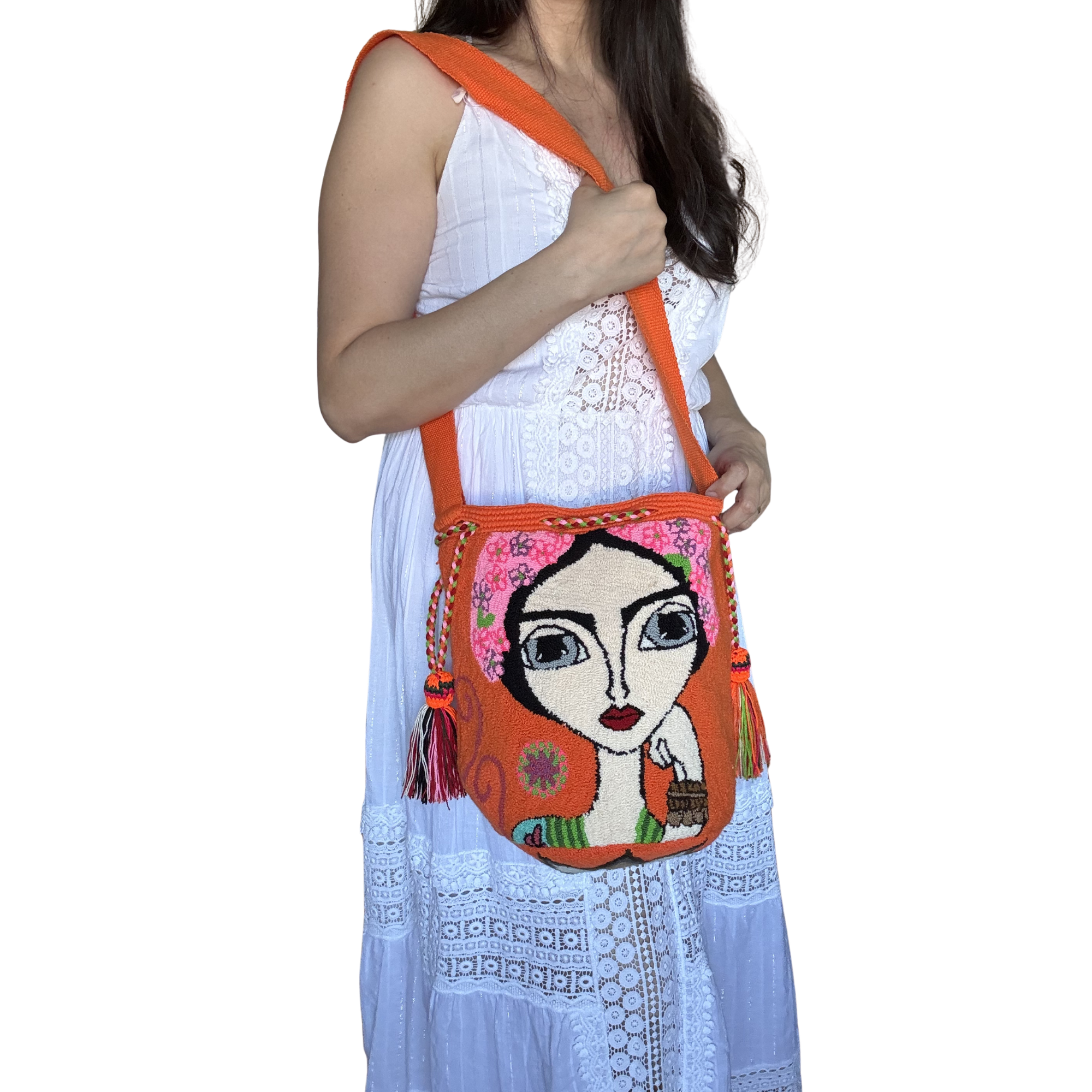 Handmade Wayuu Crossbody Bag – Orange Artistic Portrait, Floral Artisan Shoulder Bag
