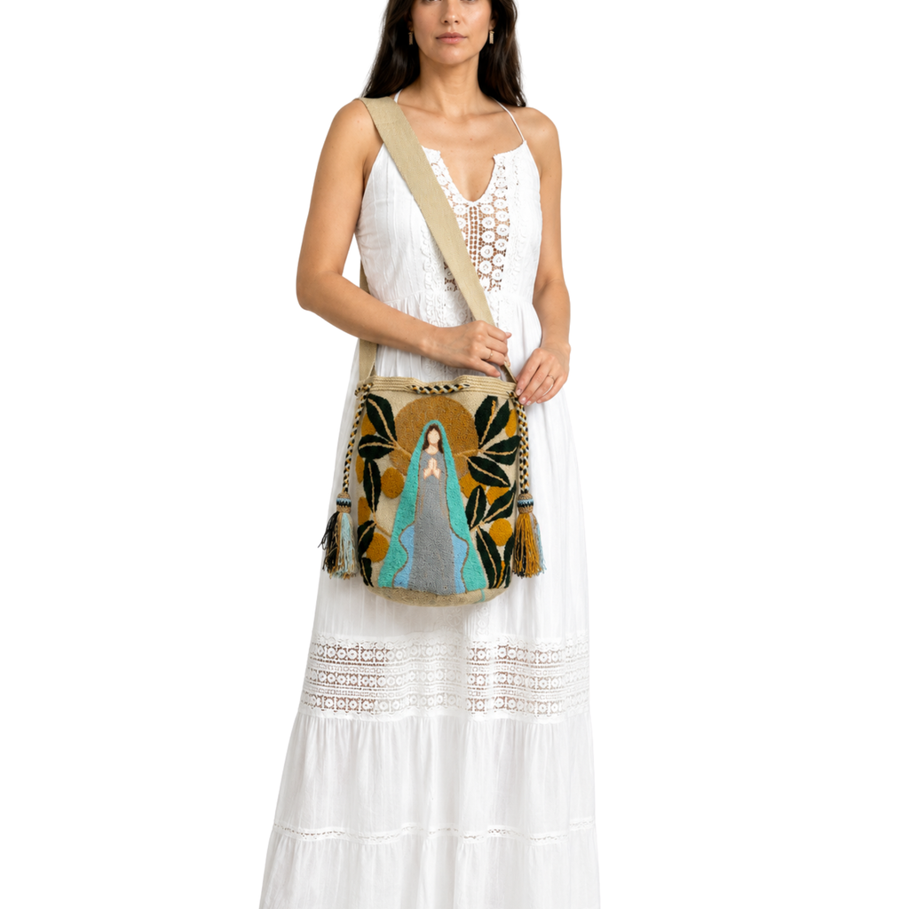 Handmade Virgin Mary Wayuu Crossbody Bag – Spiritual Artisan Crochet Mochila Purse