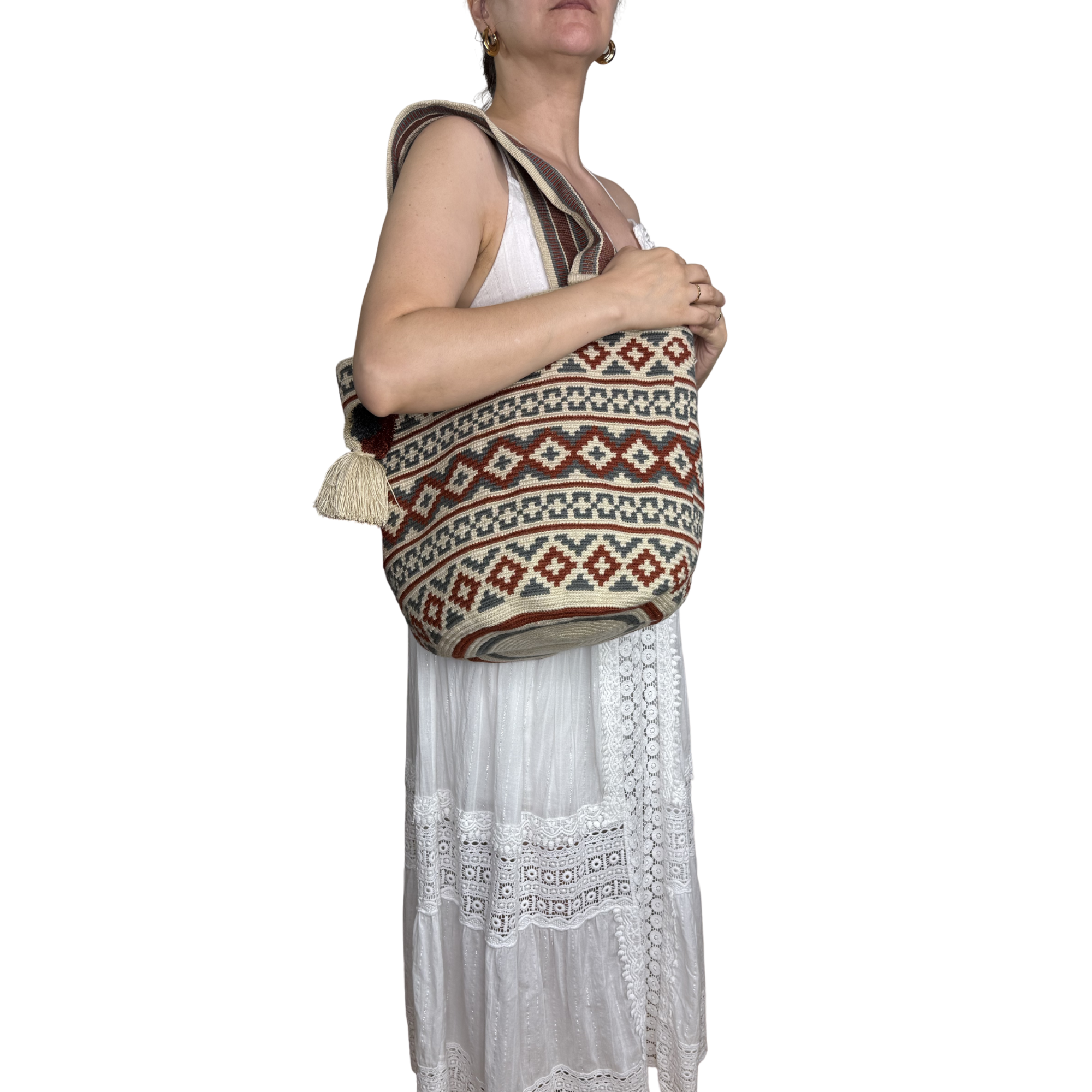 Handmade Wayuu Mochilón Tote – Geometric Earth Tone Crochet Shoulder Bag
