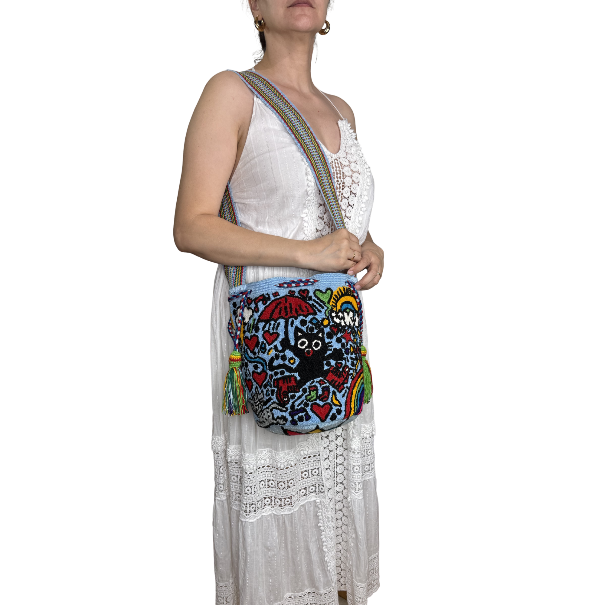 Lucky Black Cat Handmade Wayuu Mochila Bag – Whimsical Artisan Crossbody Purse