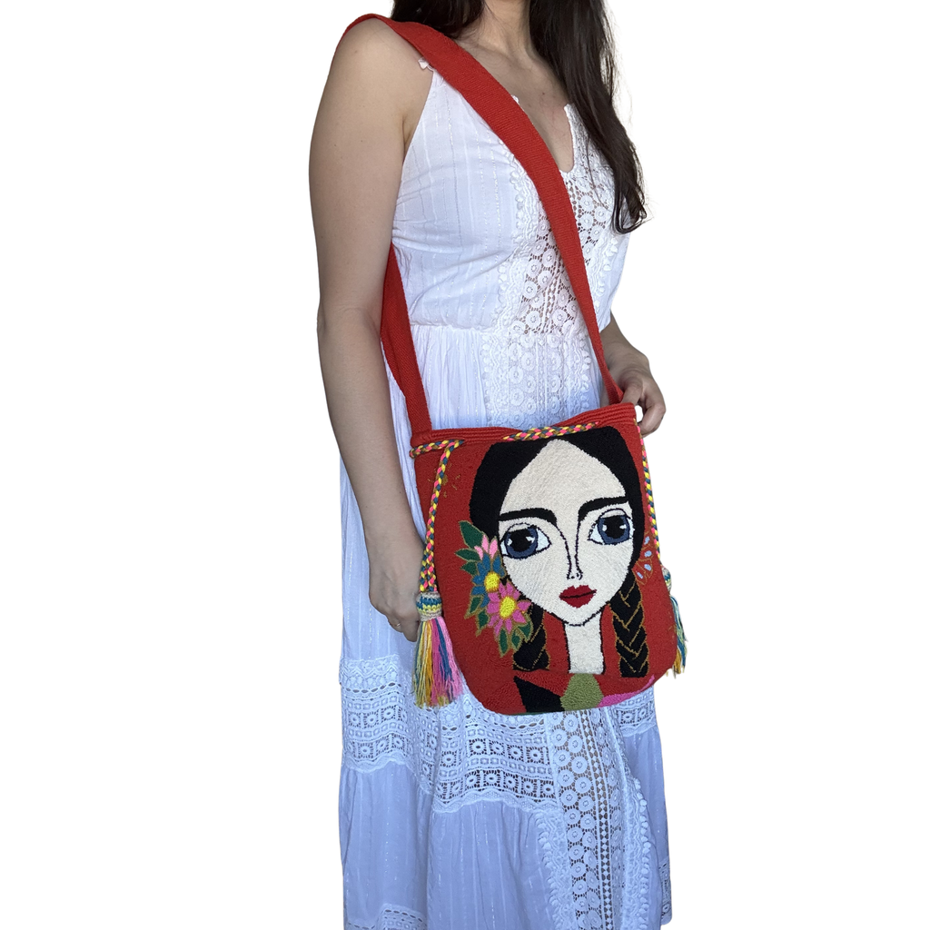Handmade Wayuu Crossbody Bag – Red Artistic Portrait Design, Artisan Shoulder Bag