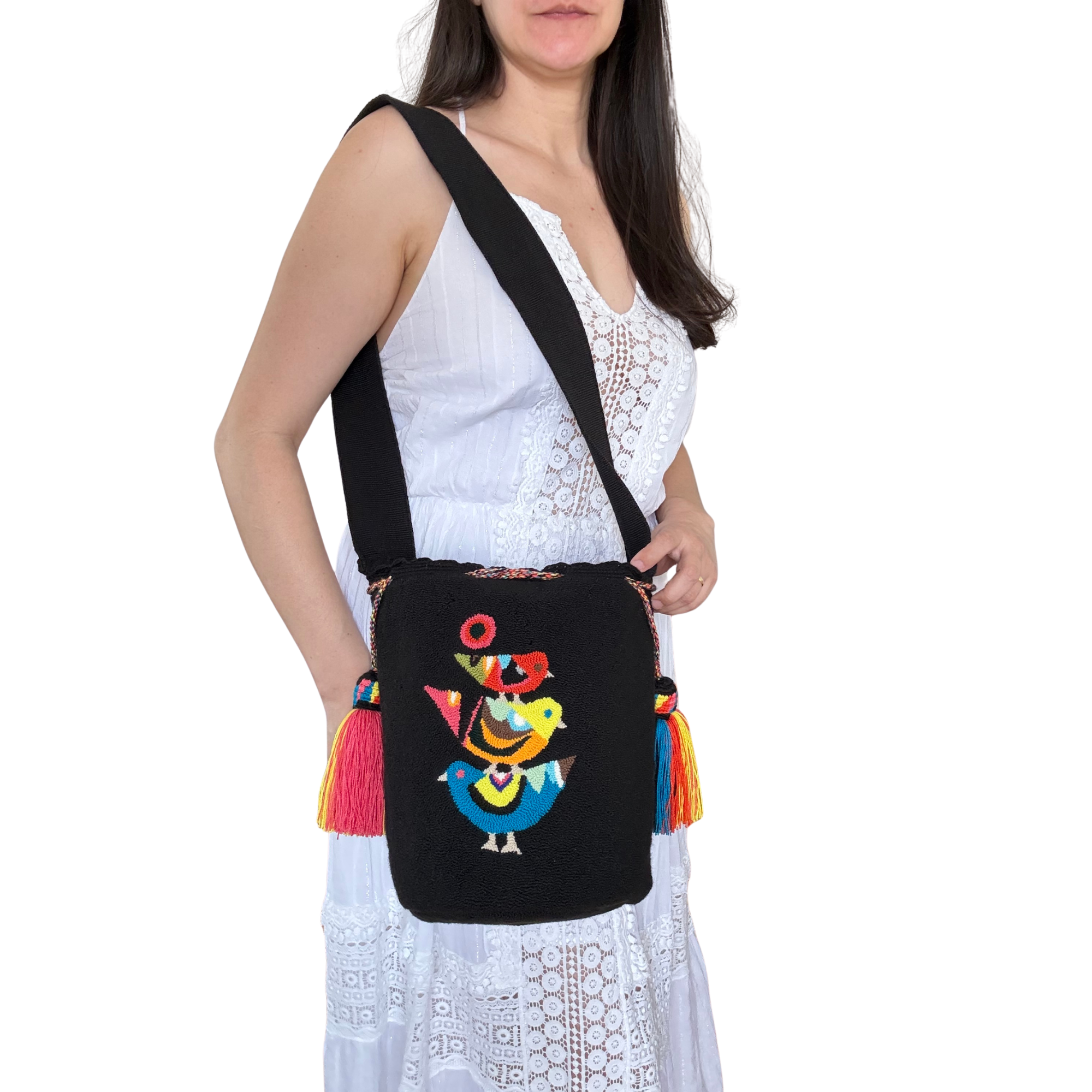 Handmade Wayuu Bird Bag – Black Mochila Crossbody, Colorful Artisan Woven Statement Bag