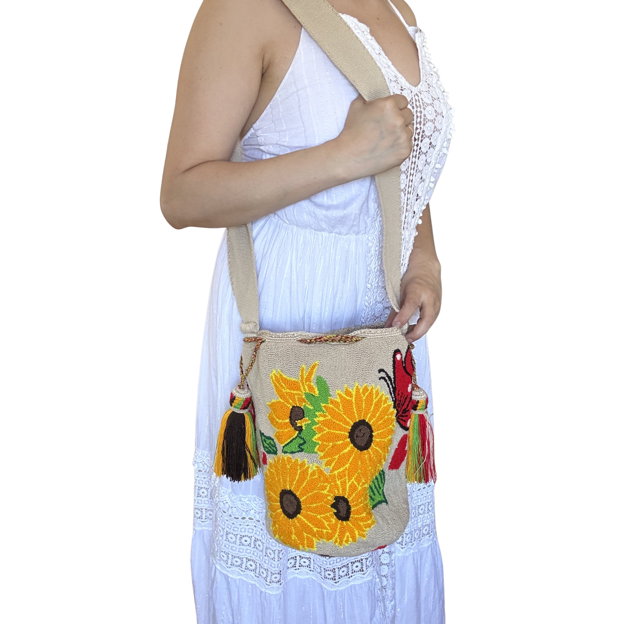 Handmade Sunflower & Butterfly Wayuu Bucket Bag – Artisan Floral Crochet Crossbody Purse