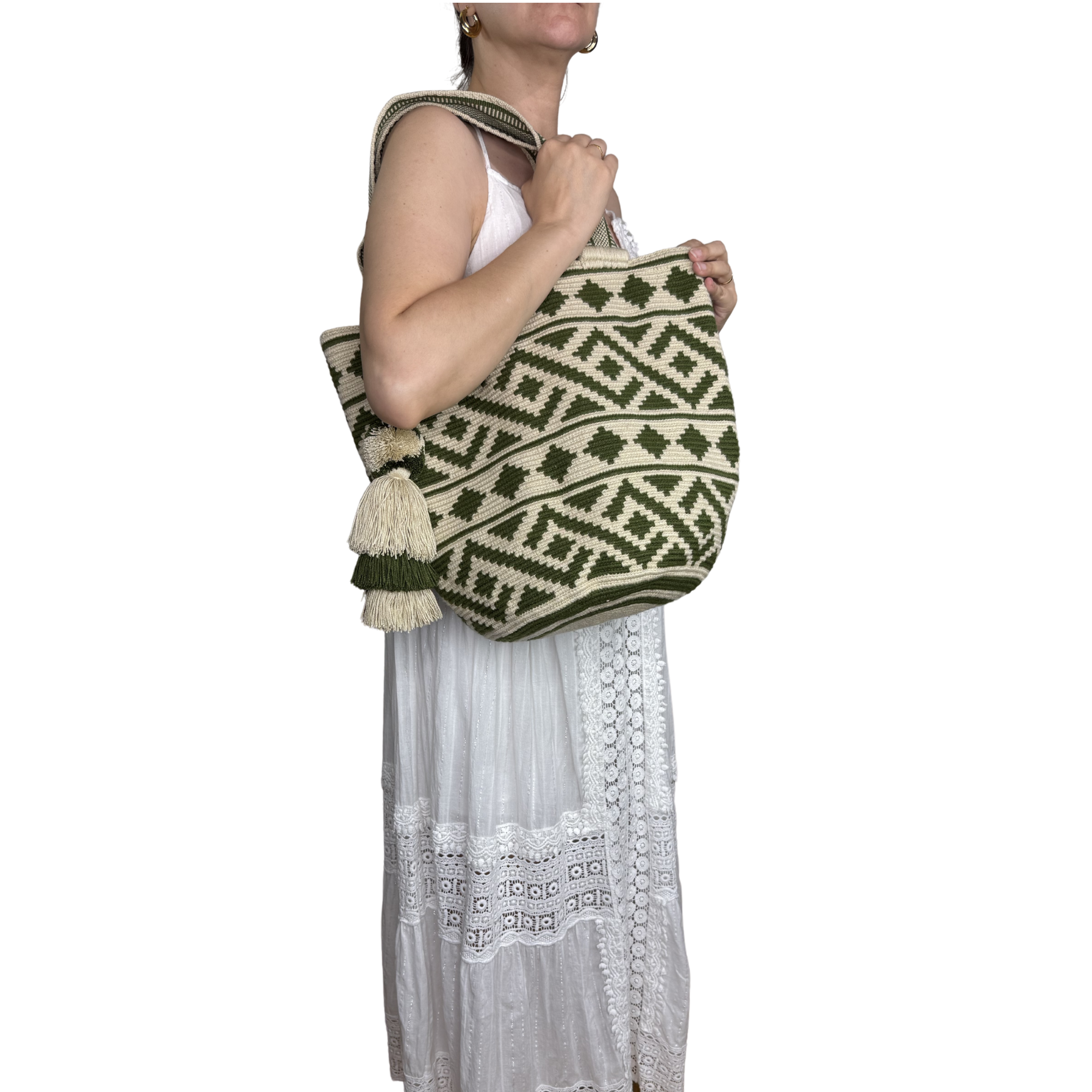 Handmade Wayuu Mochilón Tote – Geometric Earth Tone Crochet Shoulder Bag